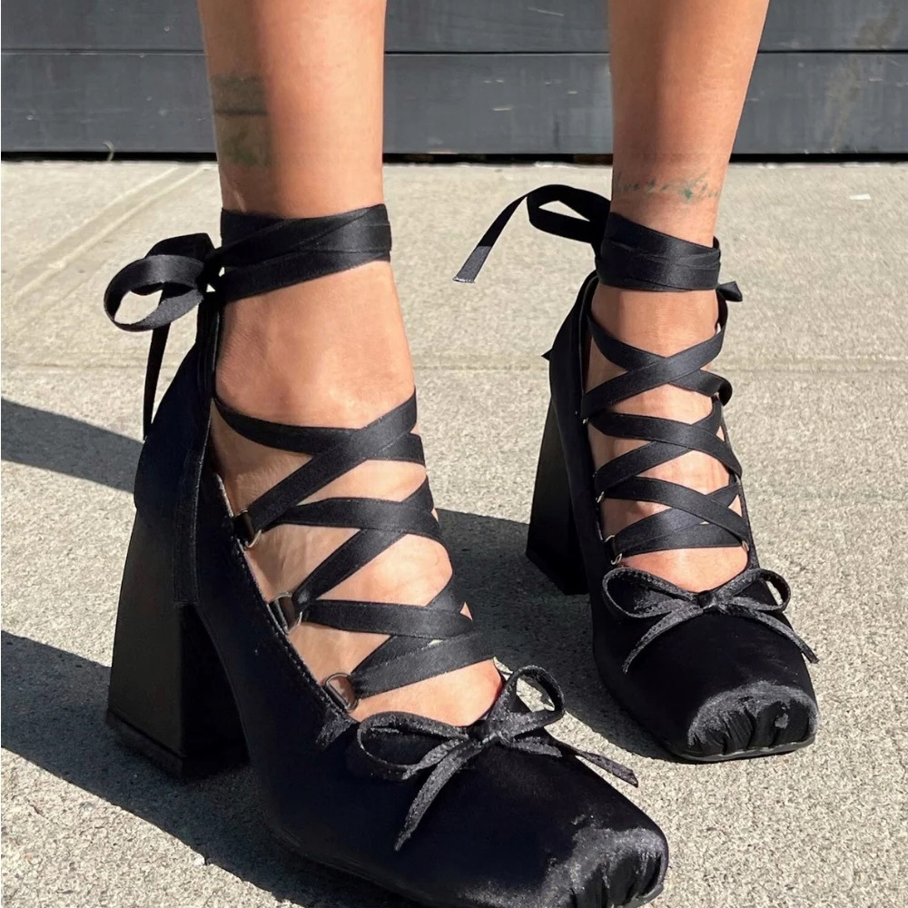 Arwen Black Satin Lace-Up Platform Heels